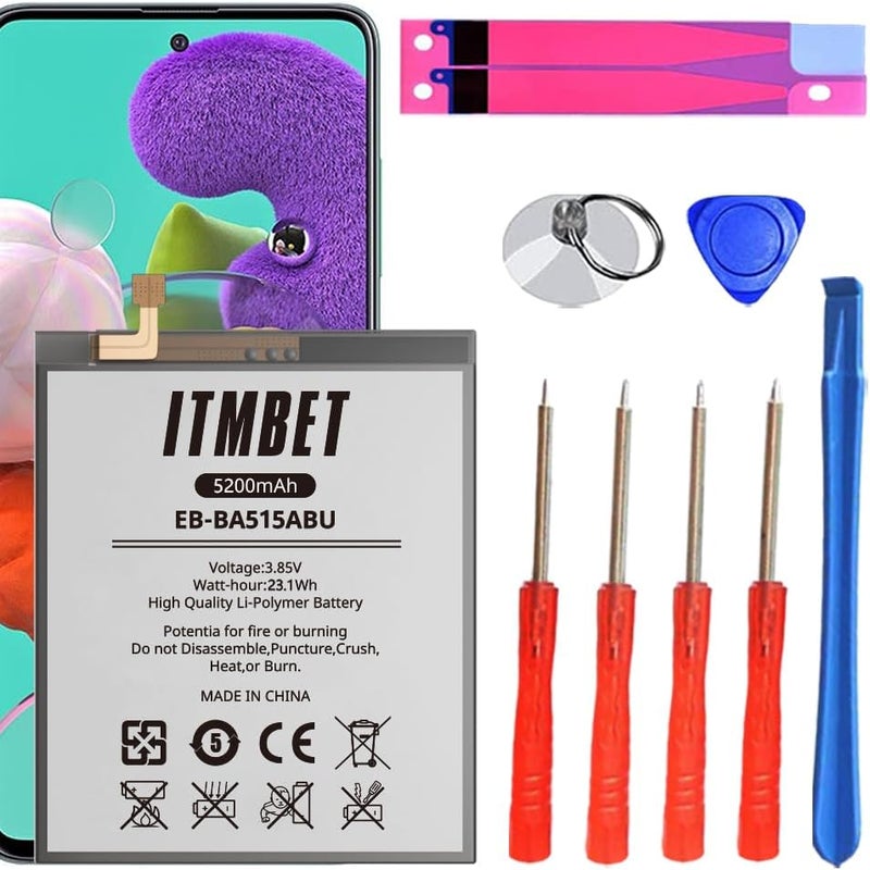 ITMBET بطارية لهاتف سامسونج جالكسي A51، 5200 مللي أمبير، بطارية بديلة مطورة جديدة 2024، 0 دورة، لهاتف A51 SM-A515F SM-A515F/DS، EB-BA515ABY مع أدوات استبدال احترافية (غير متوافقة مع A51 5G EB-BA516AMY) - Image 1